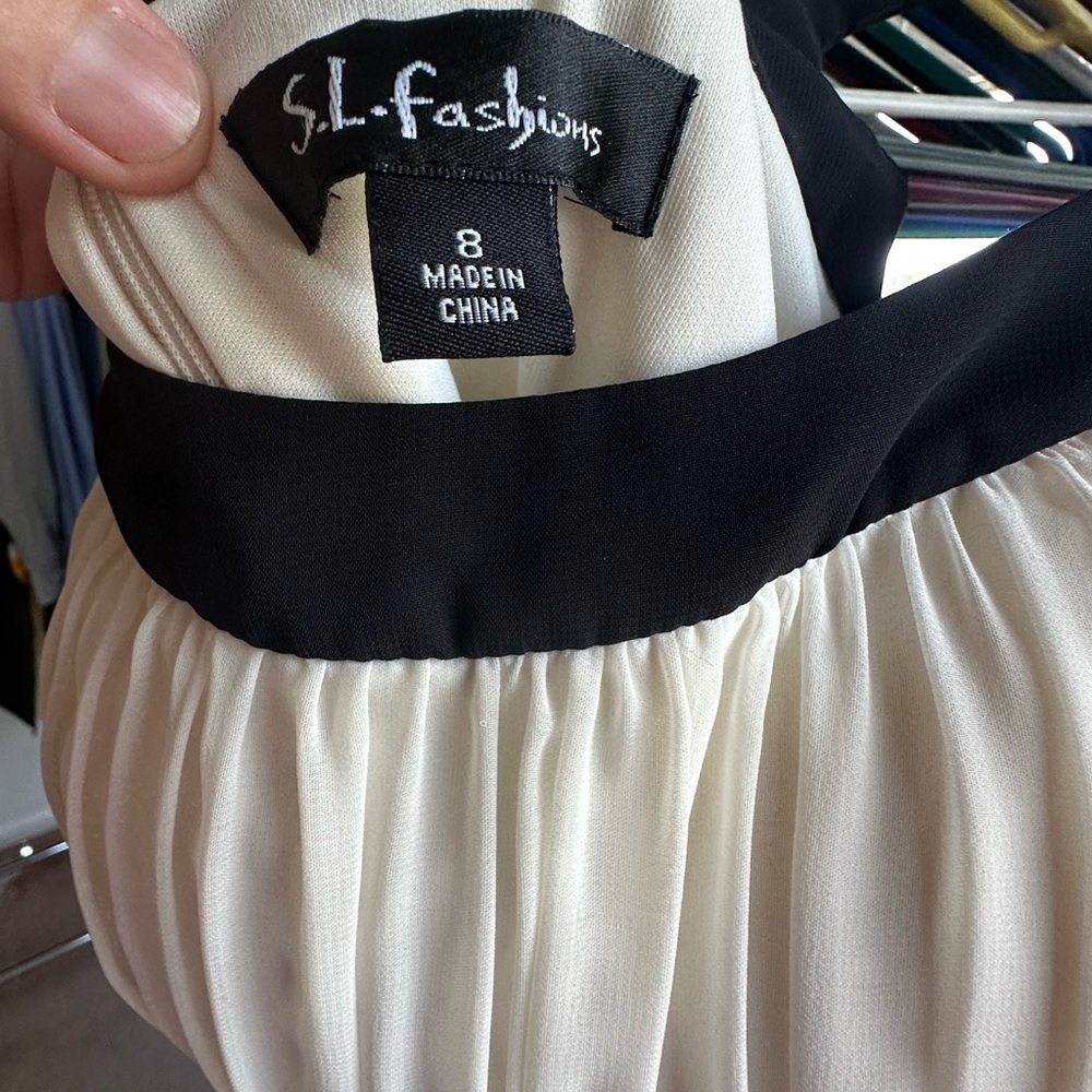 S.L. Fashions Black and Cream Pleated Cocktail Dress